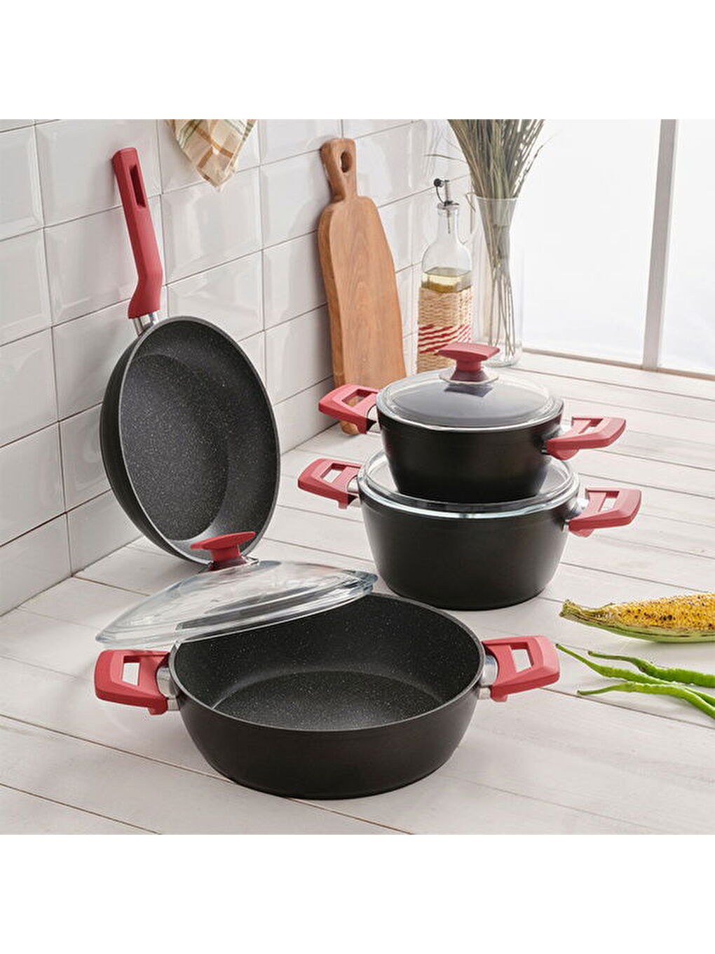 Nova 7 Parça Granit Tencere Seti - Siyah / Bordo