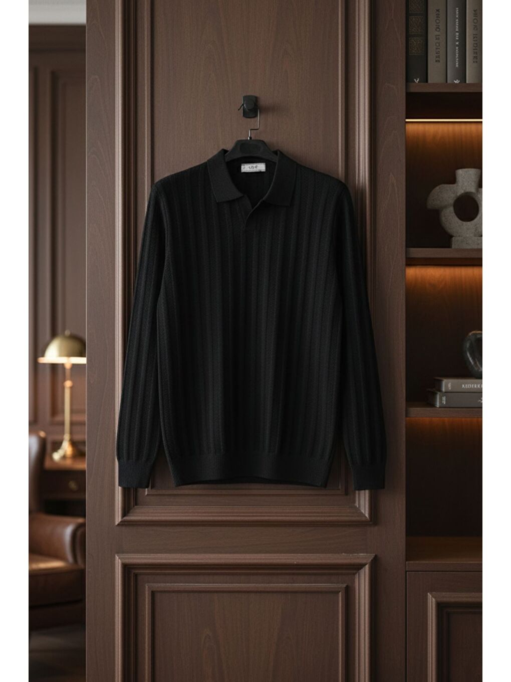 Siyah Polo Yaka Desenli Erkek Triko Kazak-3