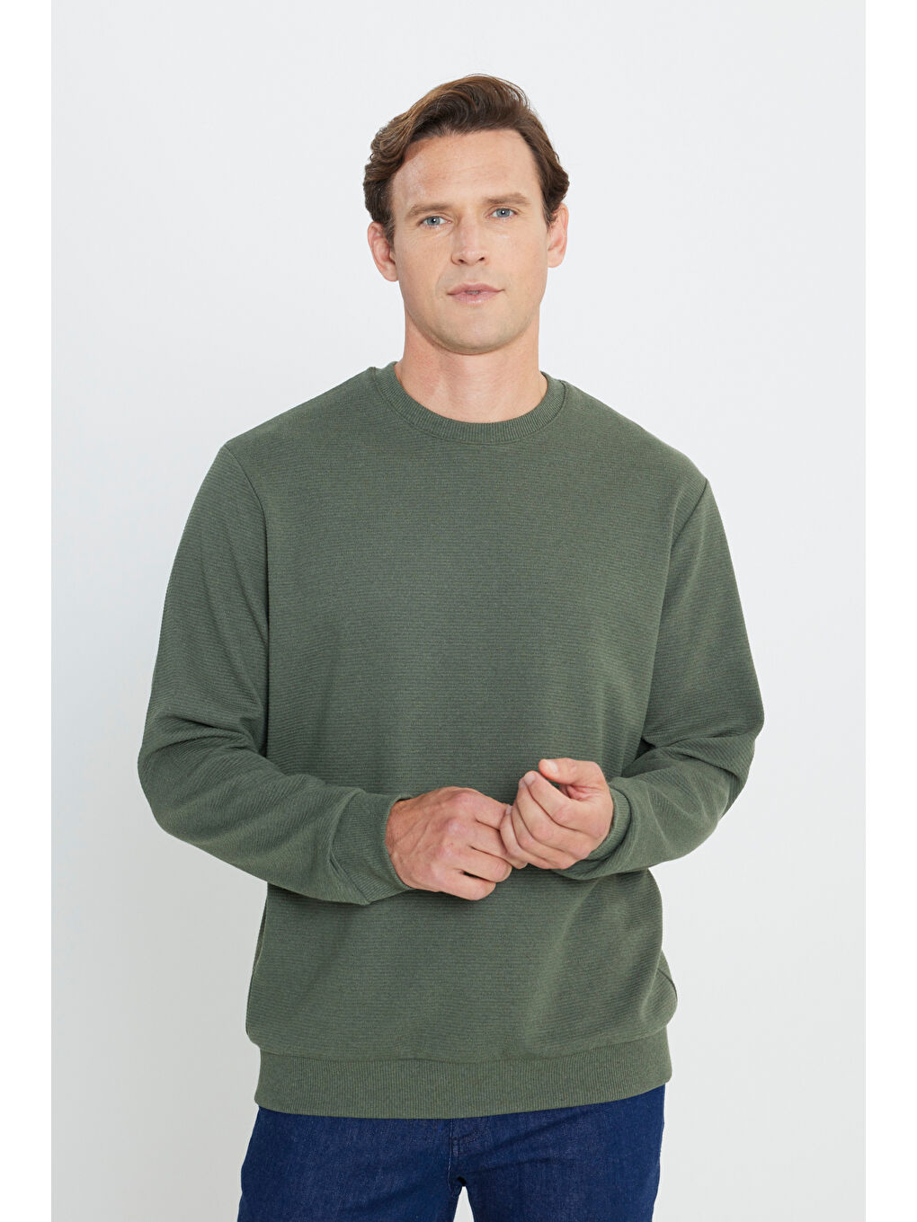 Erkek Haki 2 İplik Sıcak Tutan Standart Fit Normal Kesim Bisiklet Yaka Dokulu Sweatshirt-2