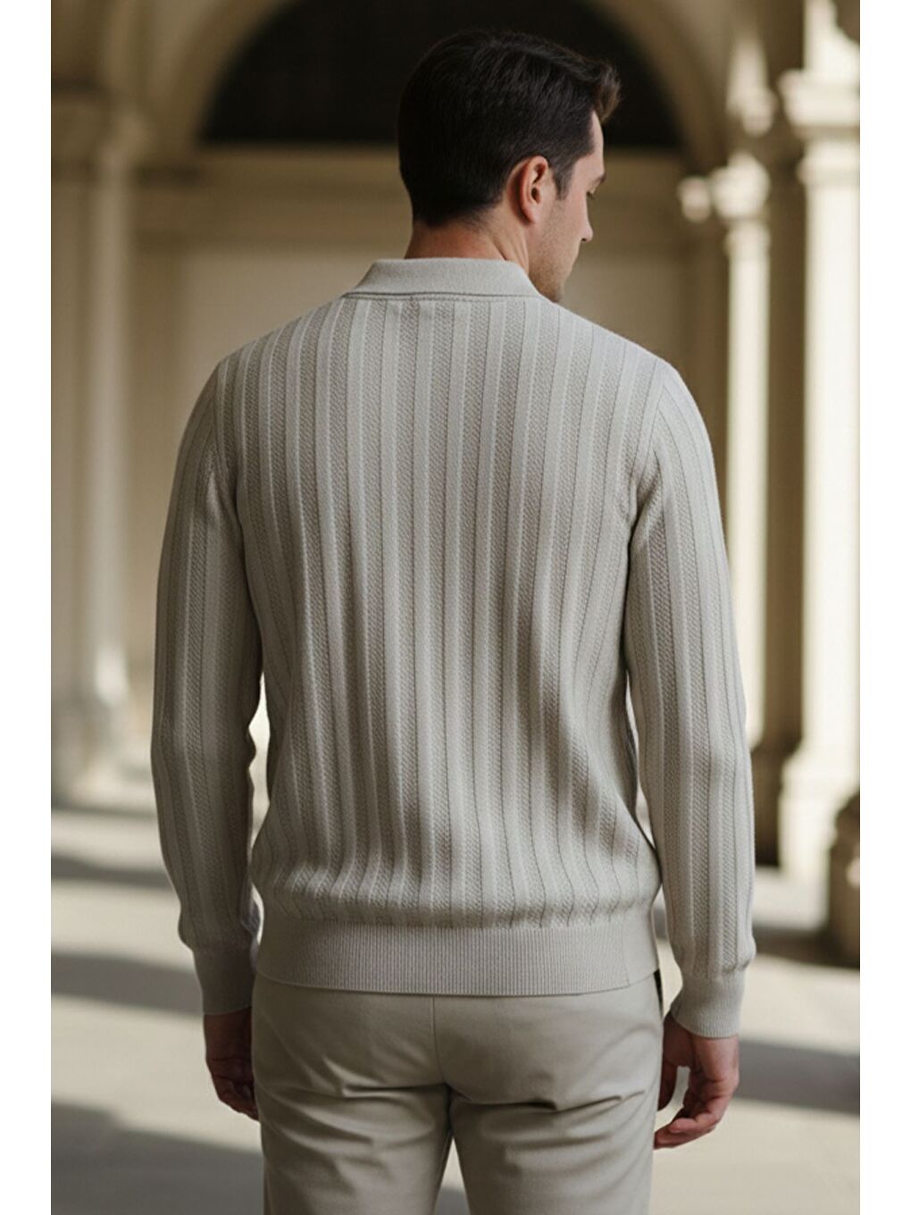 Bej Polo Yaka Desenli Erkek Triko Kazak-1