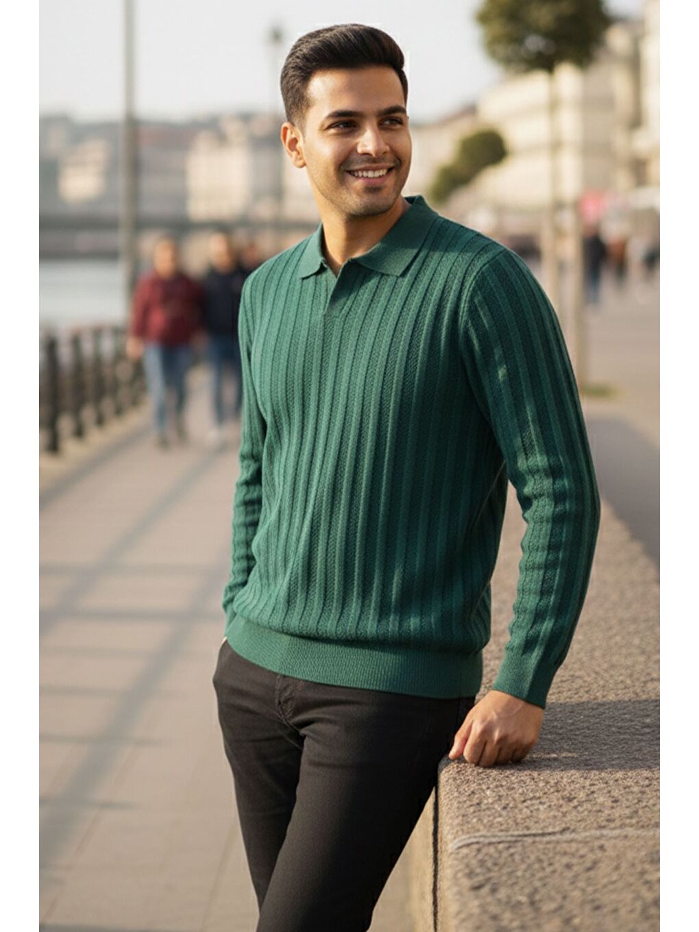 Yeşil Polo Yaka Desenli Erkek Triko Kazak-1