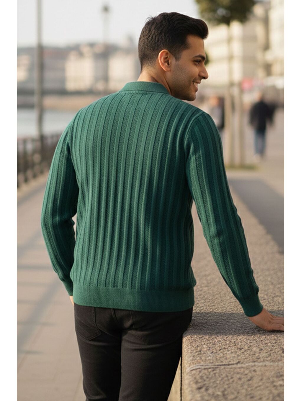 Yeşil Polo Yaka Desenli Erkek Triko Kazak-2