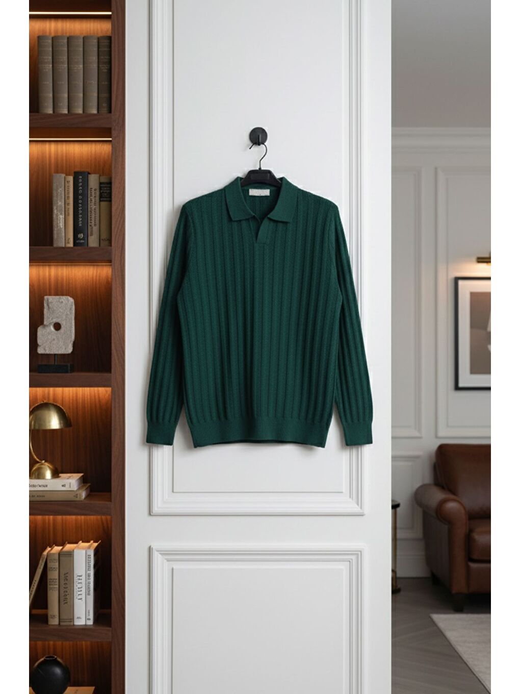 Yeşil Polo Yaka Desenli Erkek Triko Kazak-3