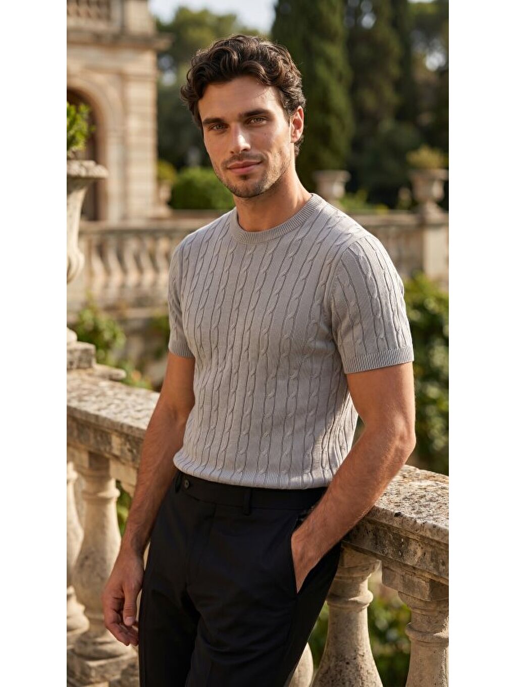 Gri Erkek Bisiklet Yaka Triko Tişört-1