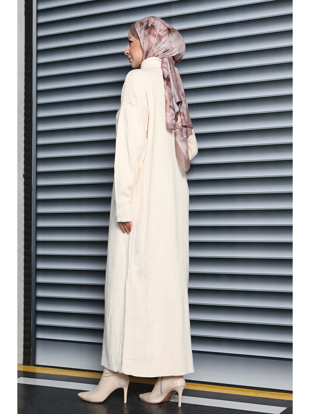 Ekru Fermuarlı Fitili Triko Elbise Krem - 27935-KREM-1