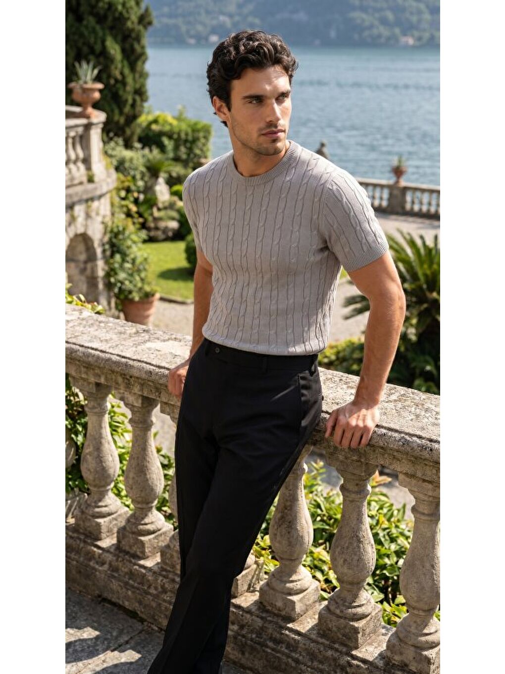 Gri Erkek Bisiklet Yaka Triko Tişört-2