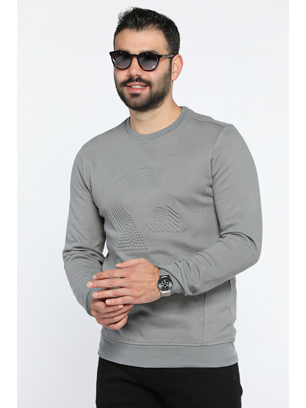 Mishar İtalia Gri Bisiklet Yaka Kabartmalı Erkek Sweatshirt