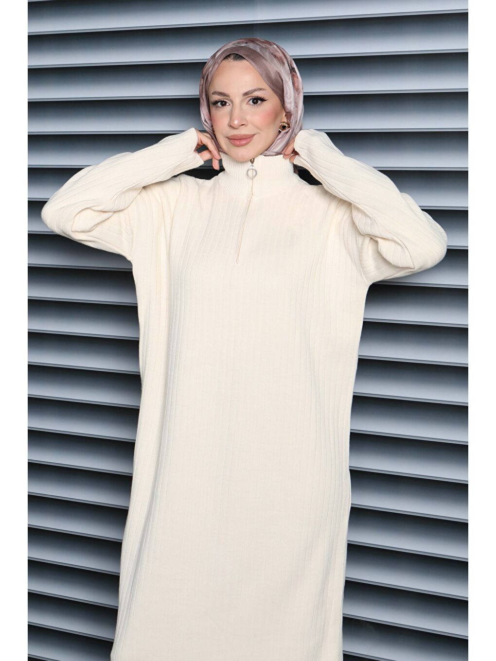 Ekru Fermuarlı Fitili Triko Elbise Krem - 27935-KREM-2