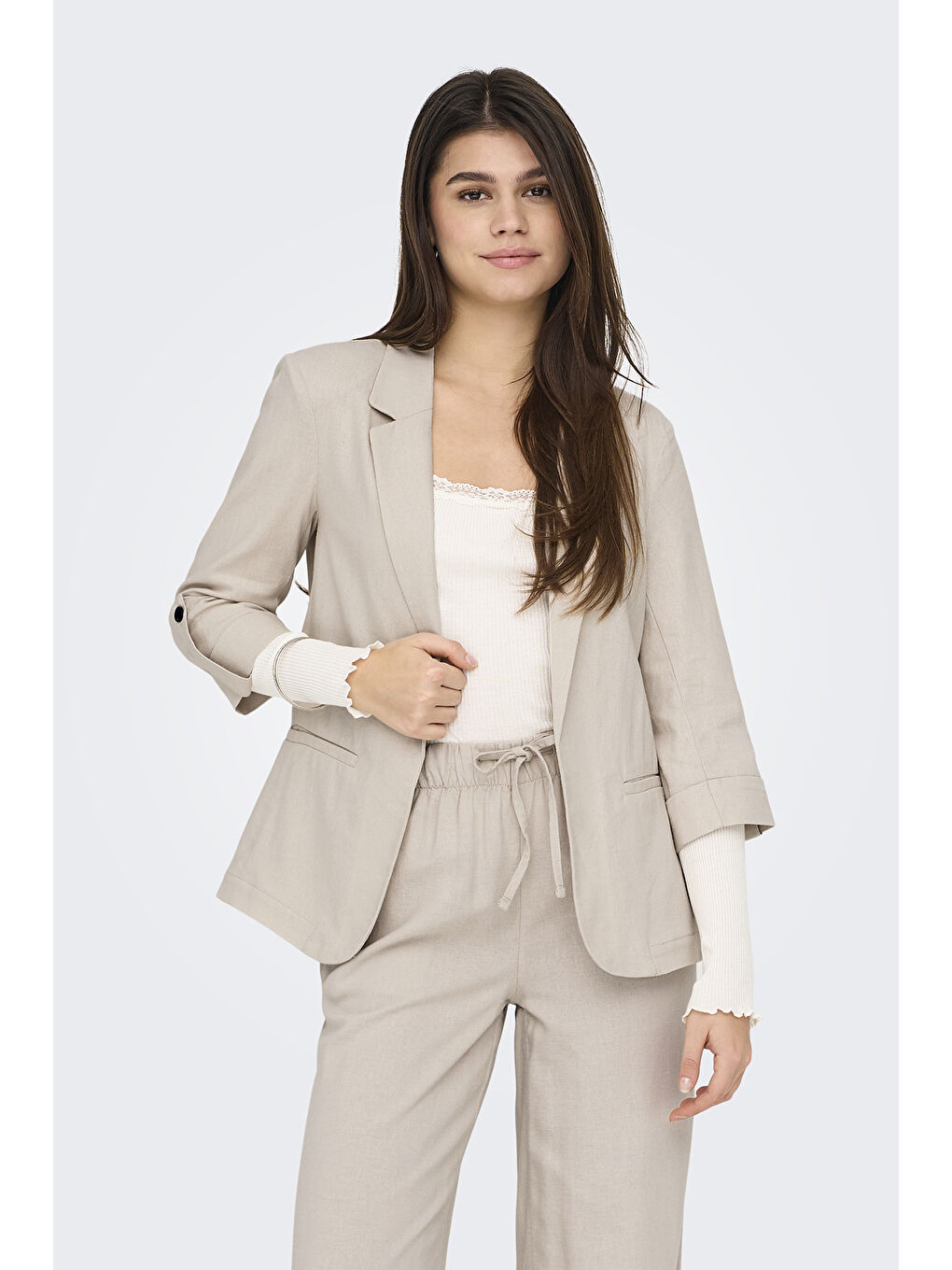 Ekru Onlcaro Keten Karışımlı Loose Fit Apaş Yaka Truvakar Kol Blazer Ceket 15312199