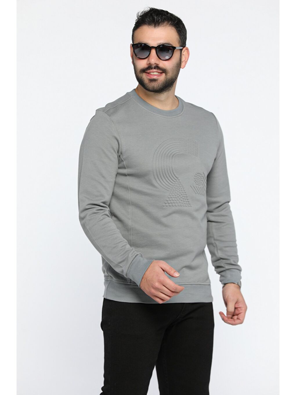 Mishar İtalia Gri Bisiklet Yaka Kabartmalı Erkek Sweatshirt - 1