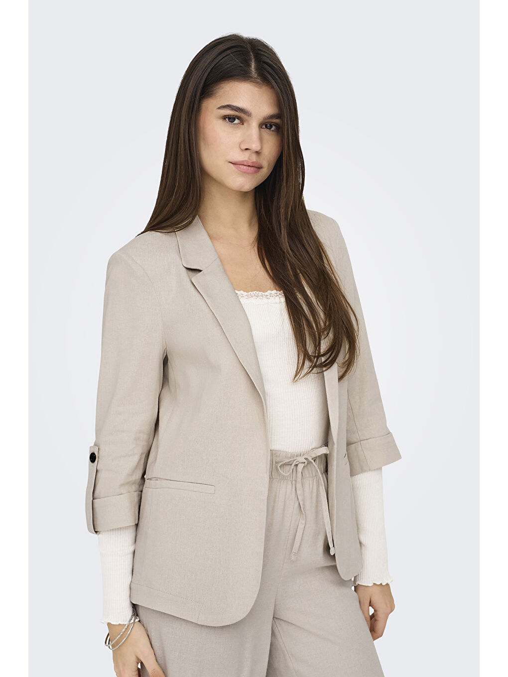 Ekru Onlcaro Keten Karışımlı Loose Fit Apaş Yaka Truvakar Kol Blazer Ceket 15312199-2