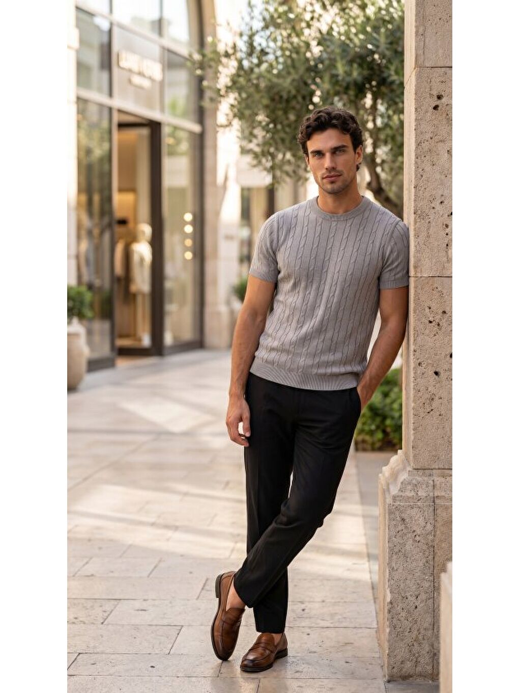 Gri Erkek Bisiklet Yaka Triko Tişört-3