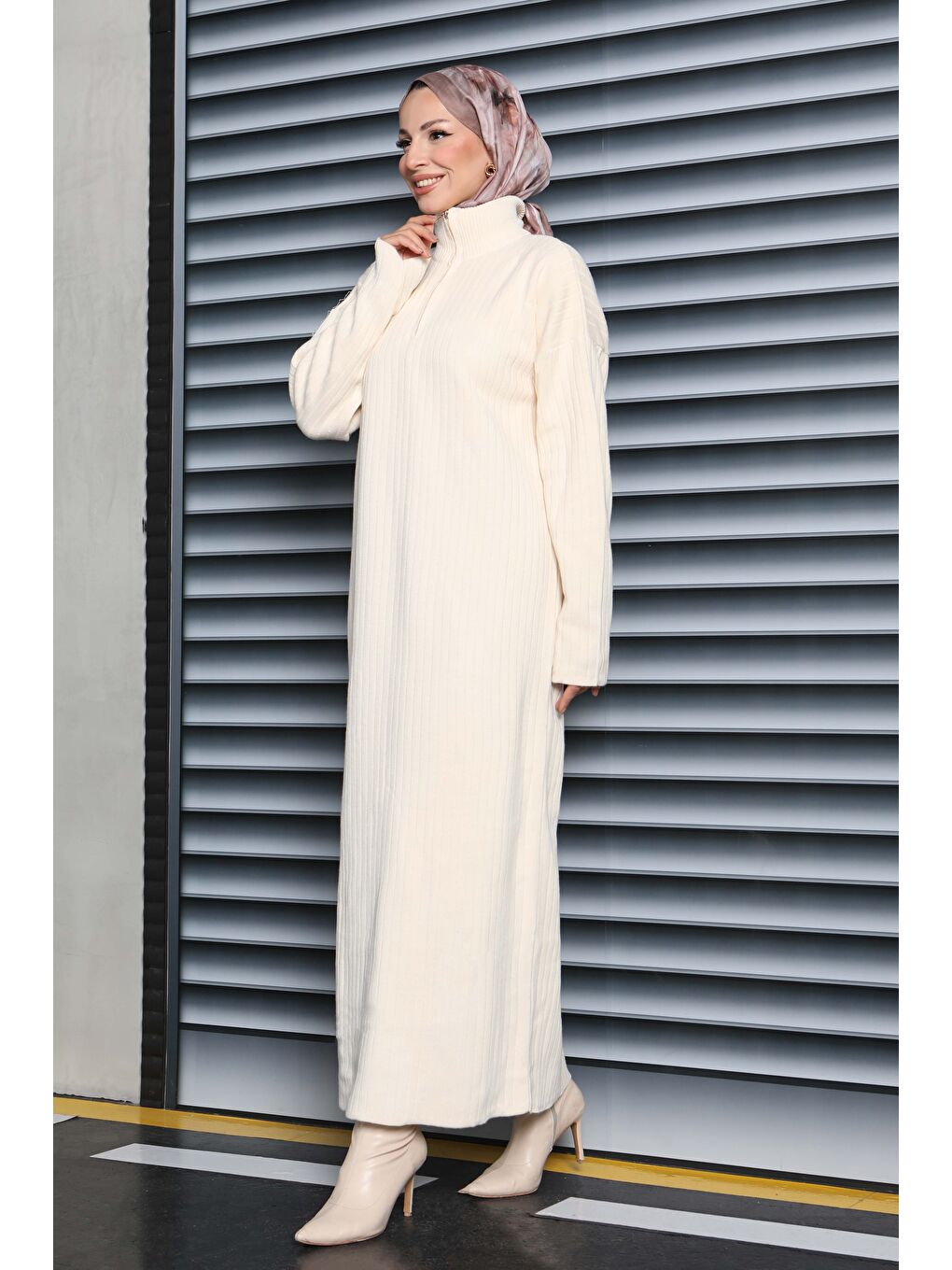 Ekru Fermuarlı Fitili Triko Elbise Krem - 27935-KREM-3