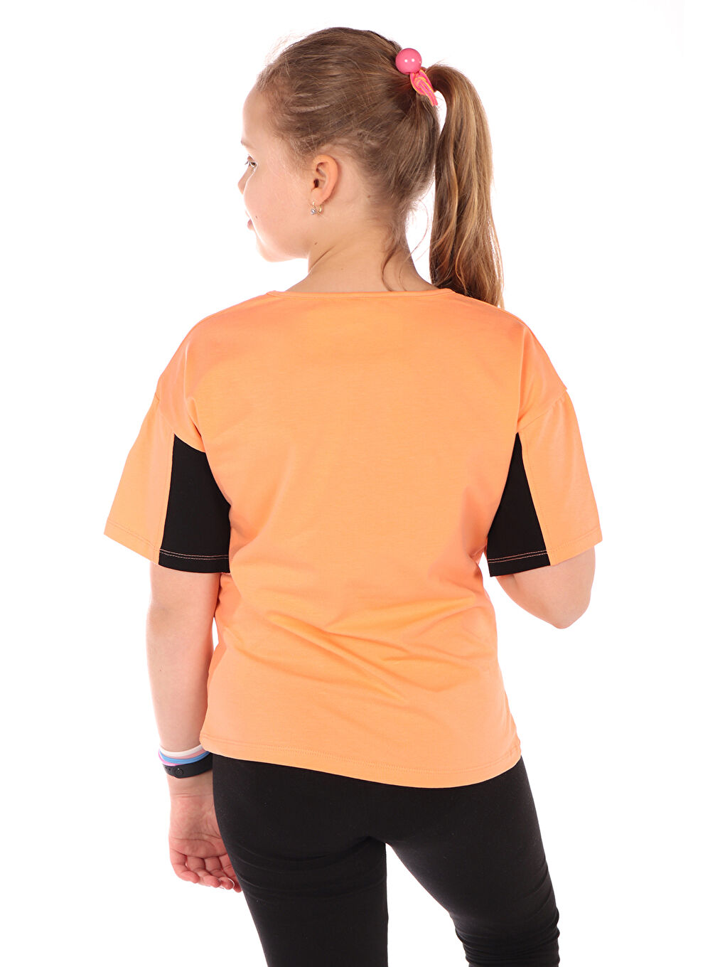 Turuncu Kız Çocuk Baskılı Bisiklet Yaka Kısa Kollu Tişört 22235-1