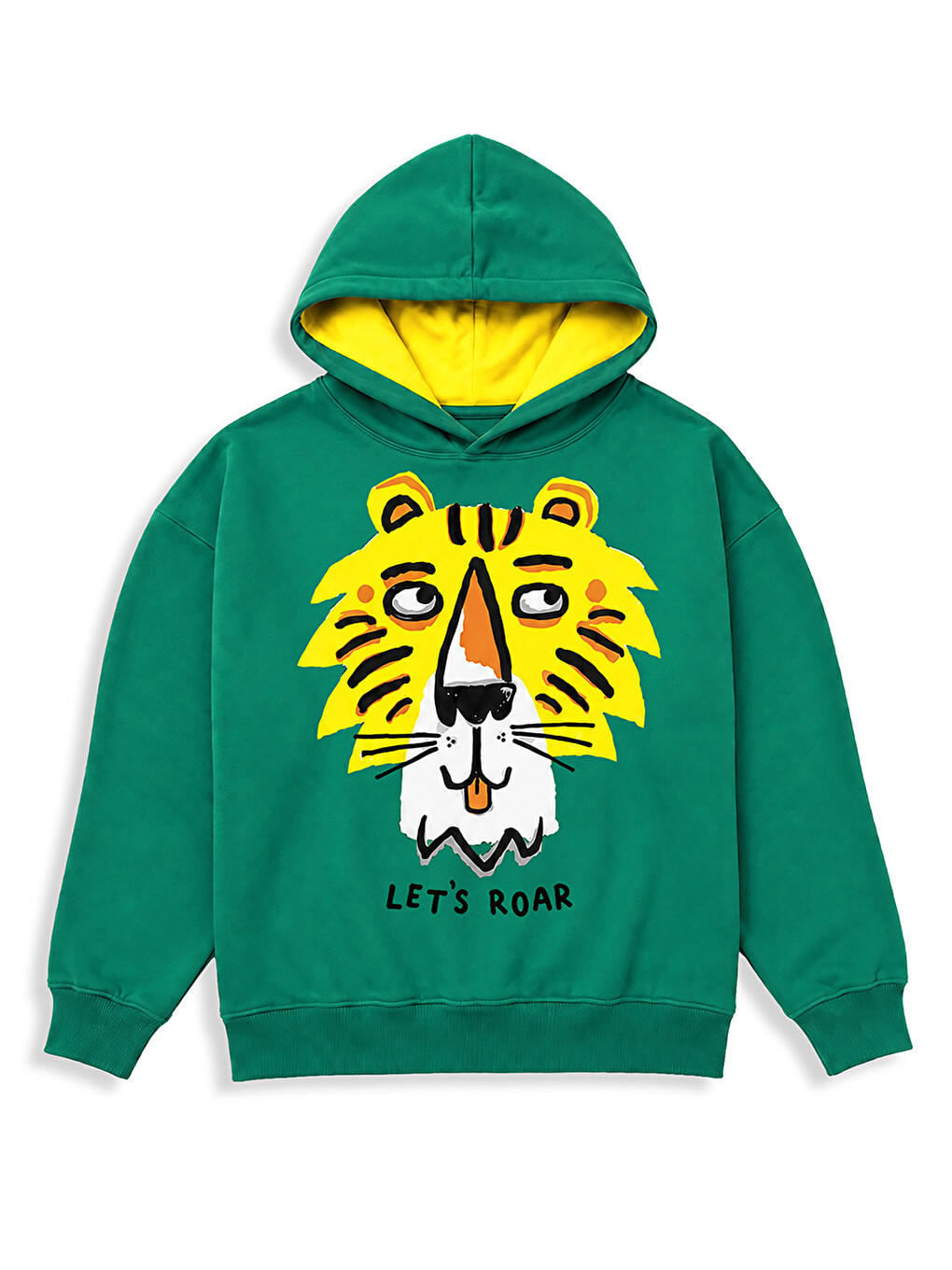 Yeşil Erkek Çocuk Kapüşonlu Sweatshirt Kaplan Baskılı Oversize (3-8 Yaş