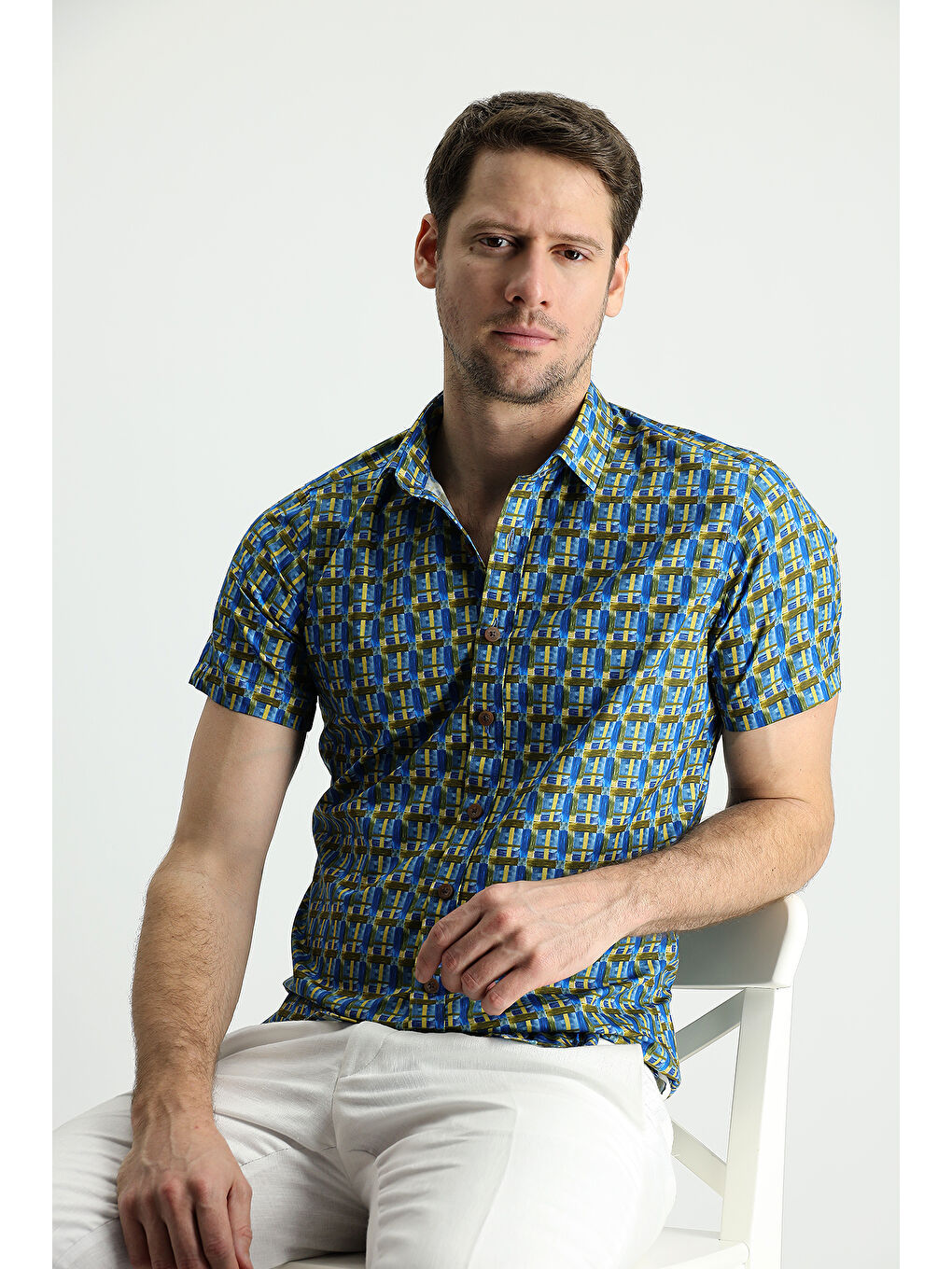 Mavi Kısa Kol Slim Fit Dar Kesim Baskılı Pamuk Gömlek