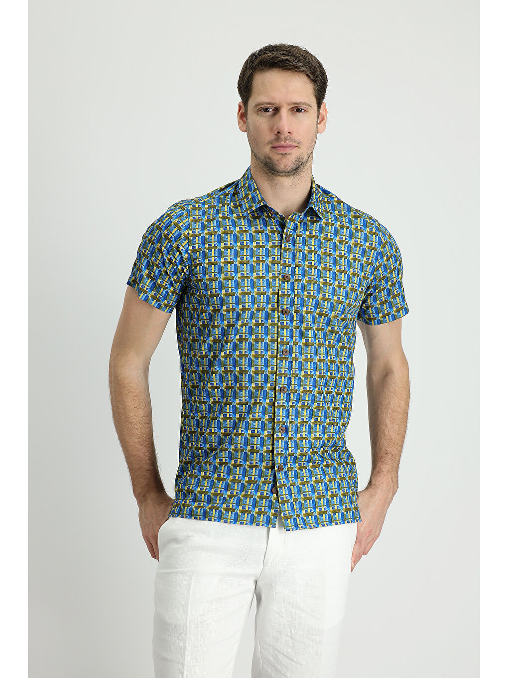 Mavi Kısa Kol Slim Fit Dar Kesim Baskılı Pamuk Gömlek-1