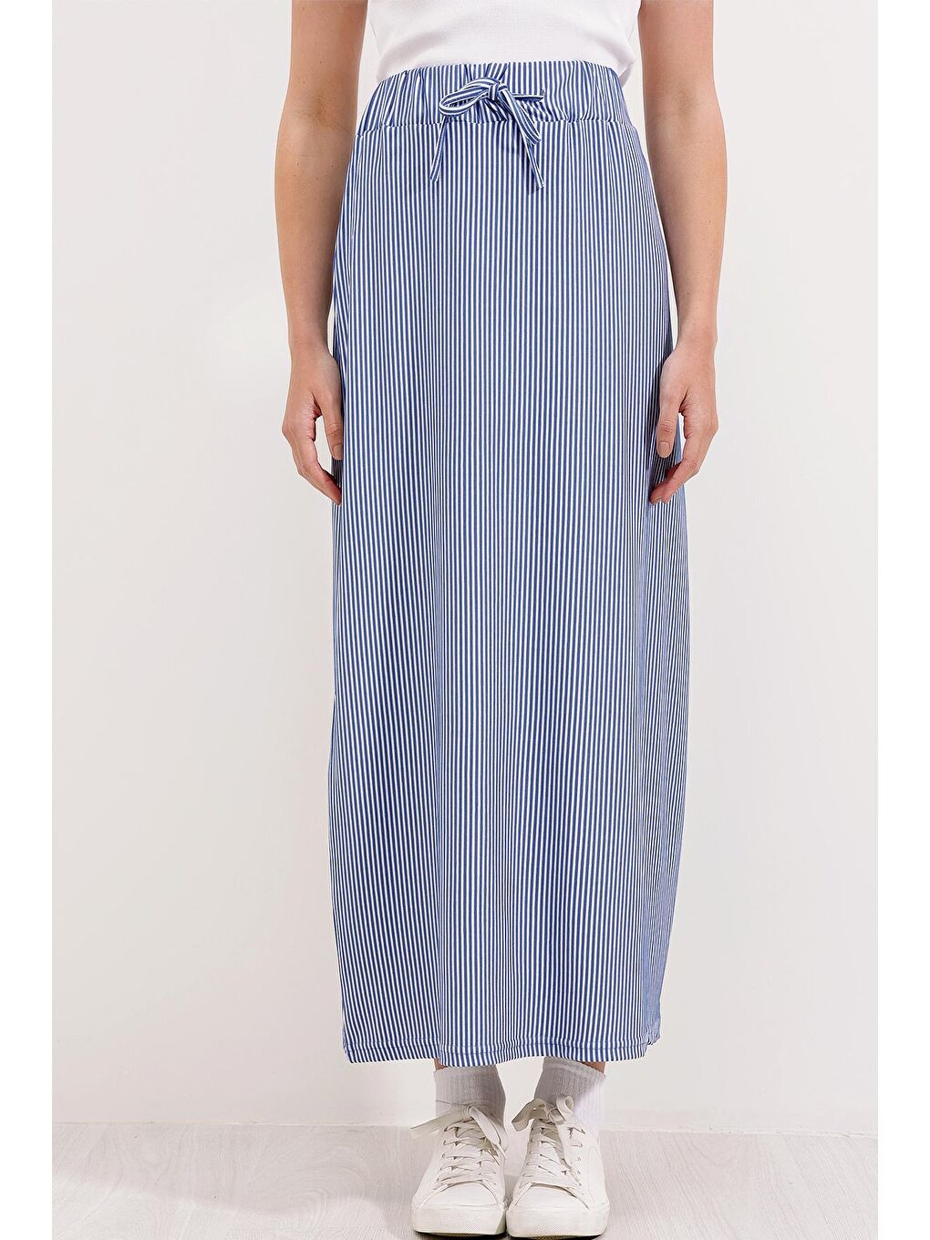 8006 Çizgili Uzun Etek - Mavi