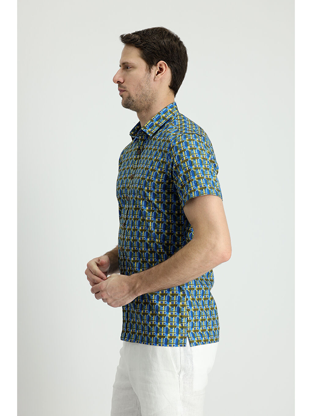 Mavi Kısa Kol Slim Fit Dar Kesim Baskılı Pamuk Gömlek-2