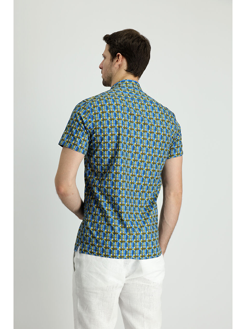 Mavi Kısa Kol Slim Fit Dar Kesim Baskılı Pamuk Gömlek-3