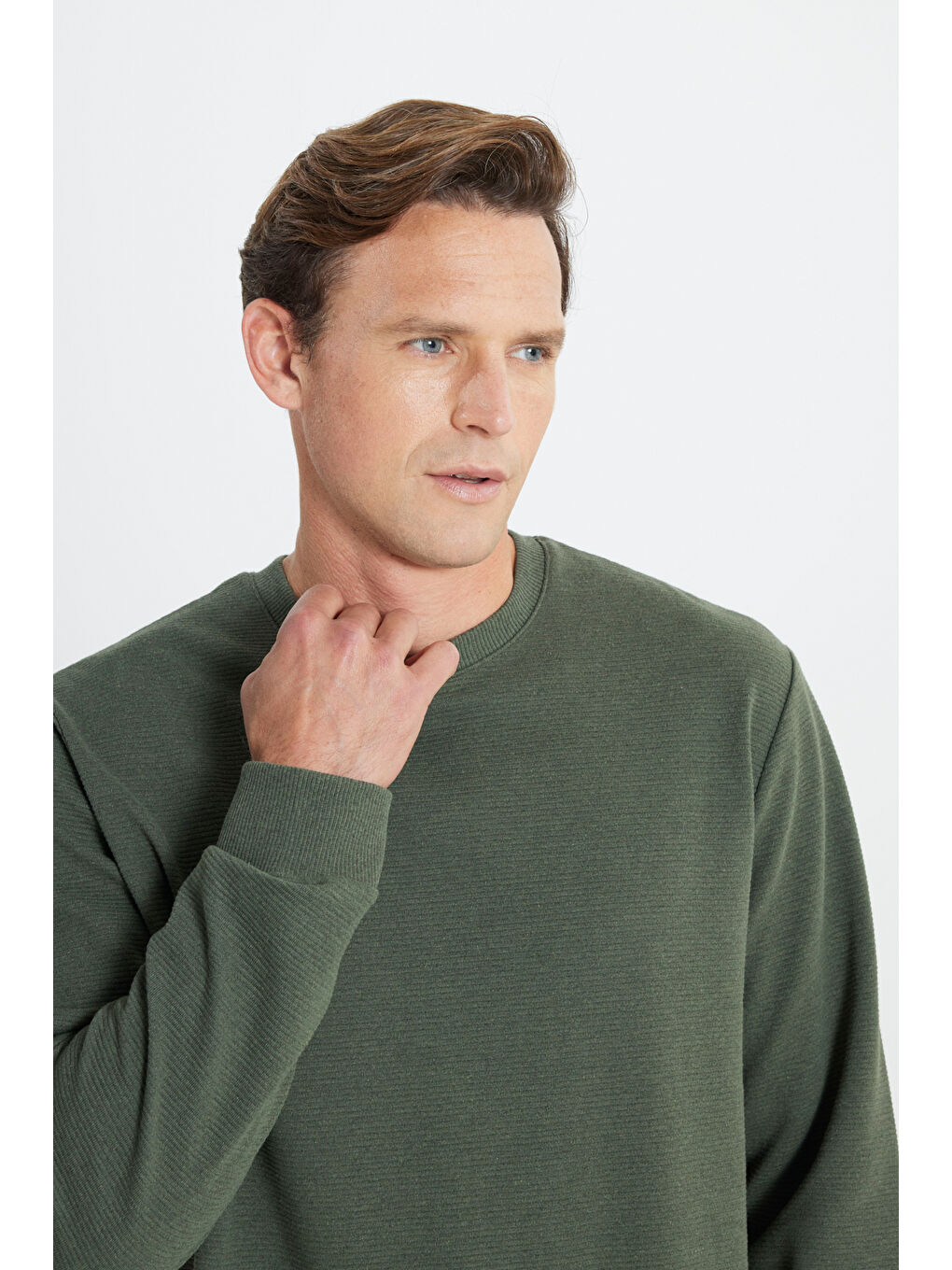 Erkek Haki 2 İplik Sıcak Tutan Standart Fit Normal Kesim Bisiklet Yaka Dokulu Sweatshirt-3