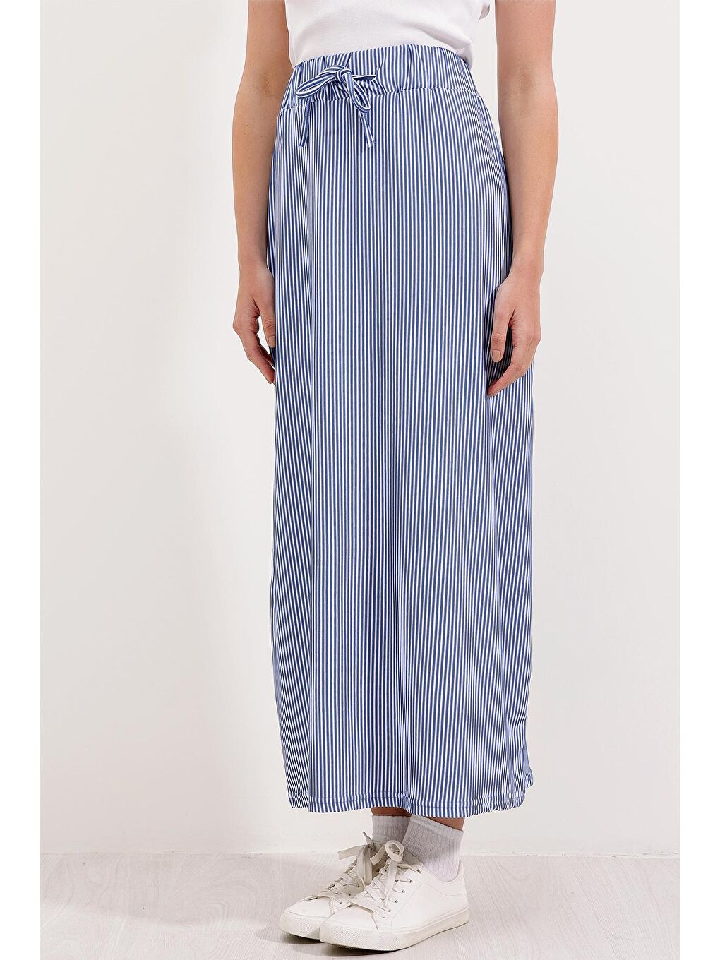 8006 Çizgili Uzun Etek - Mavi-1