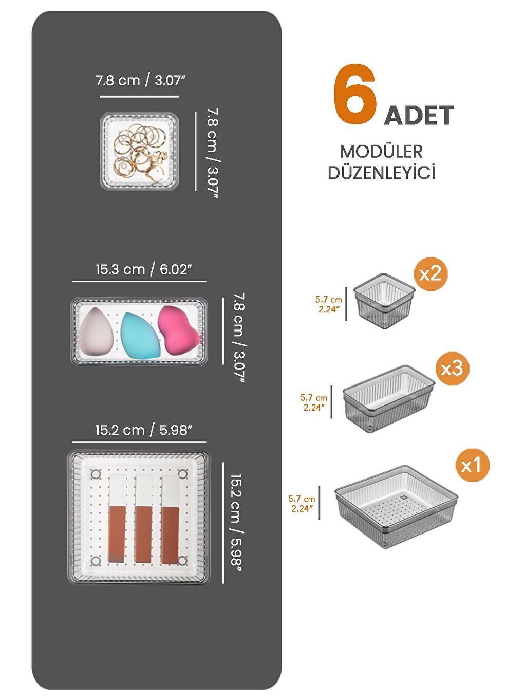 6'lı Çekmece İçi Organizer Kozmetik Takı Makyaj Organizeri Dolap İçi Düzenleyici Antrasit-1