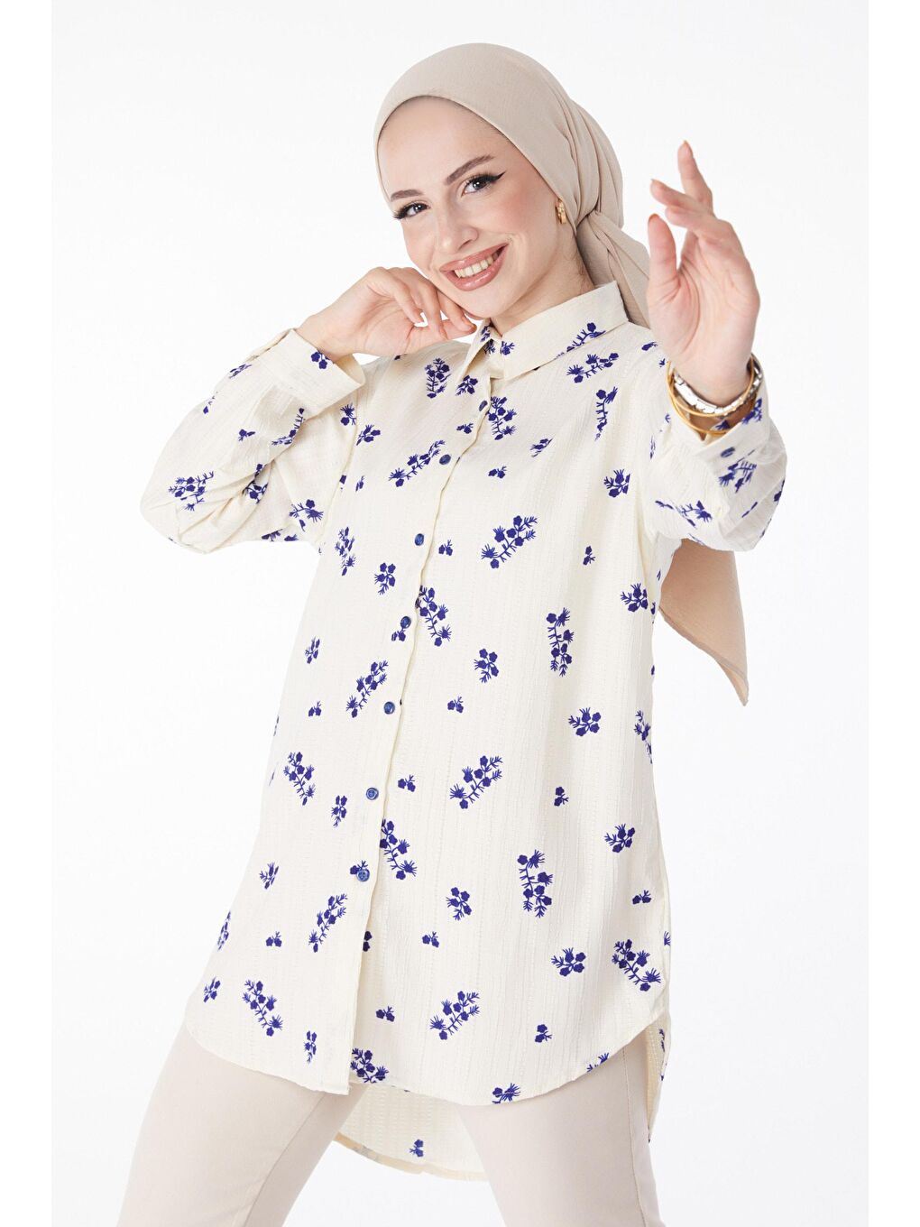 Gömlek Yaka Kadın Mavi Çiçek Desenli Gömlek - 25212