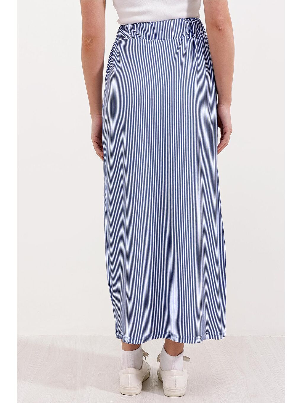 8006 Çizgili Uzun Etek - Mavi-3