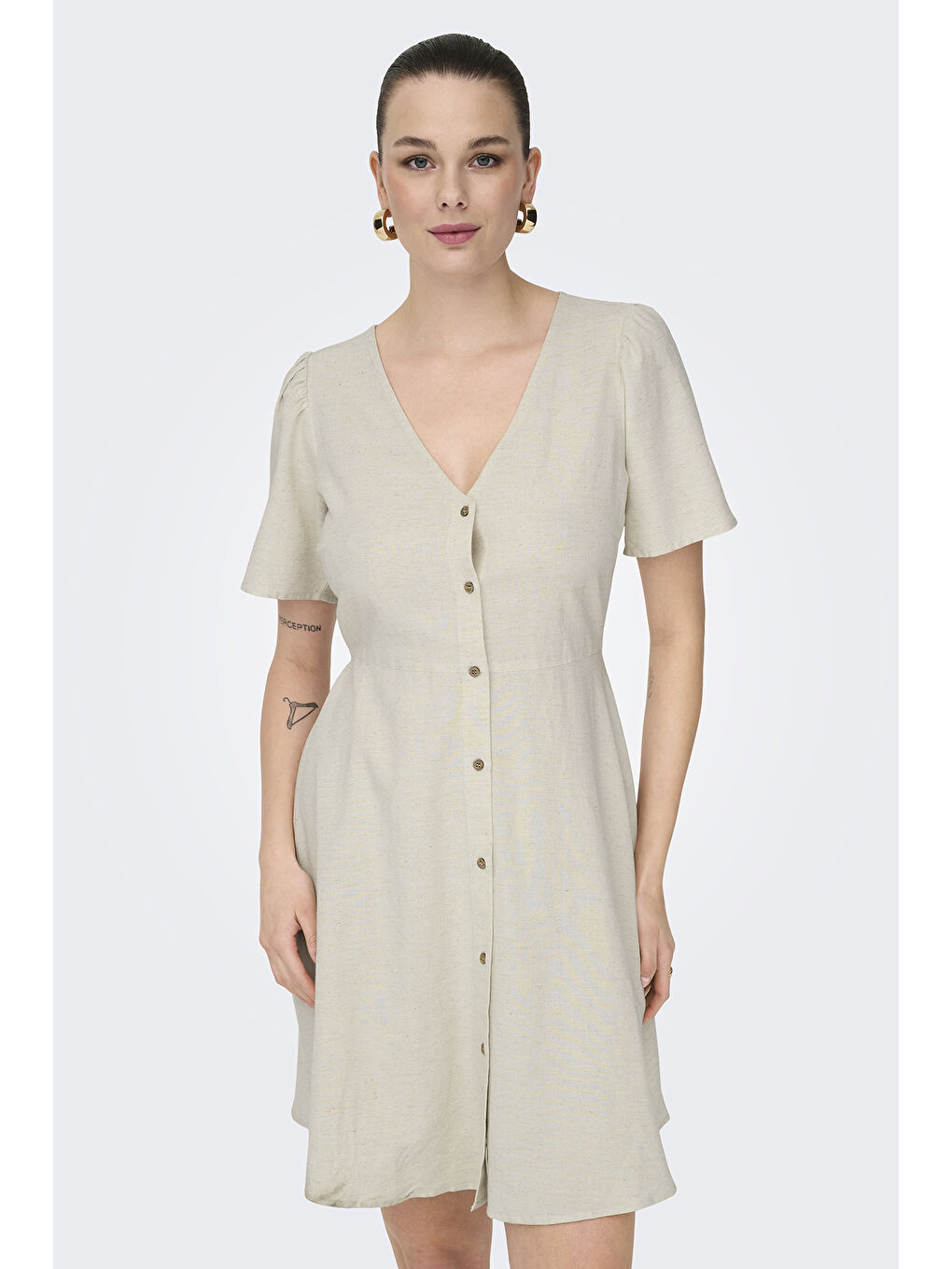 Bej Onlvita Keten Karışımlı Regular Fit V Yaka Kısa Kadın Elbise 15317914