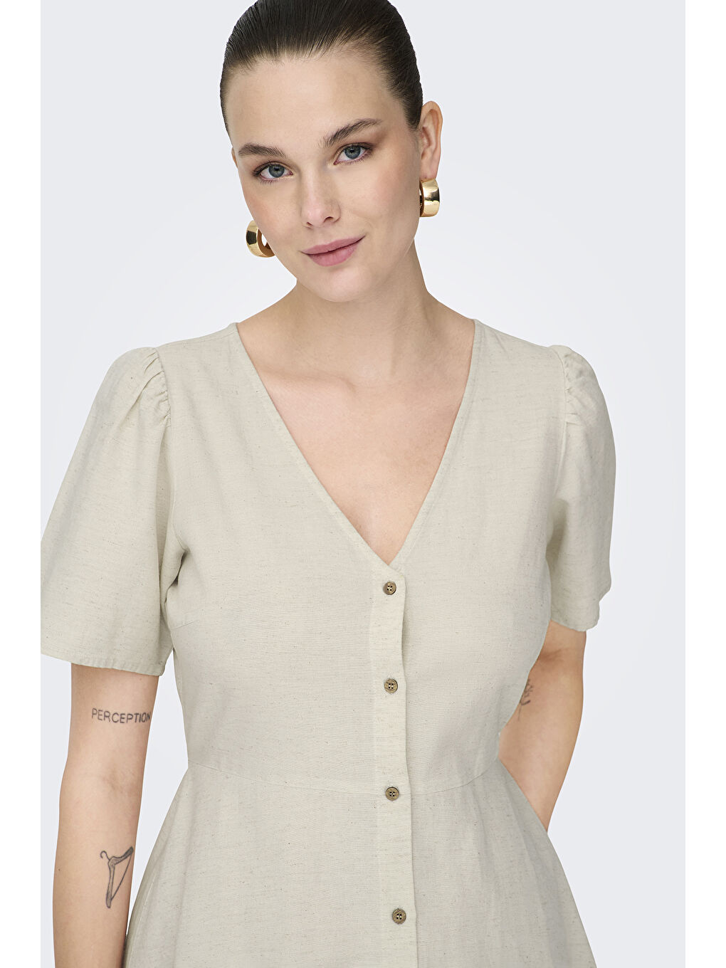 Bej Onlvita Keten Karışımlı Regular Fit V Yaka Kısa Kadın Elbise 15317914-2