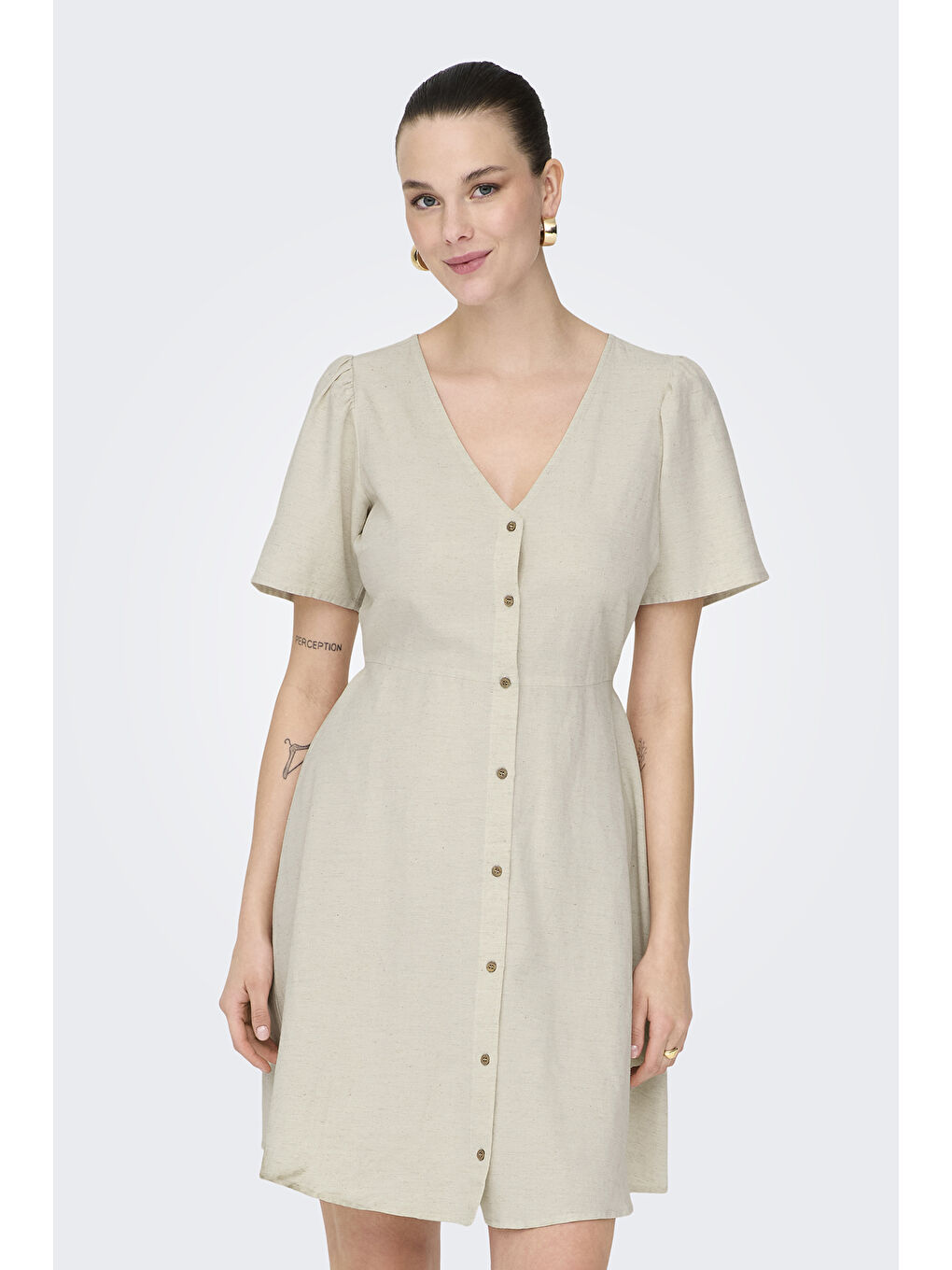 Bej Onlvita Keten Karışımlı Regular Fit V Yaka Kısa Kadın Elbise 15317914-3