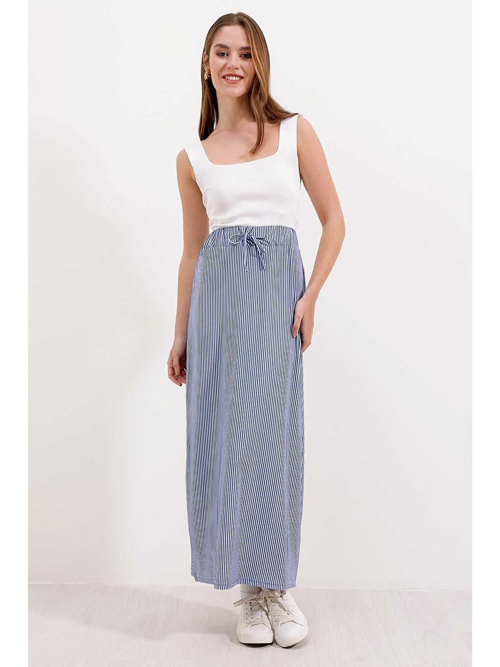 8006 Çizgili Uzun Etek - Mavi-4