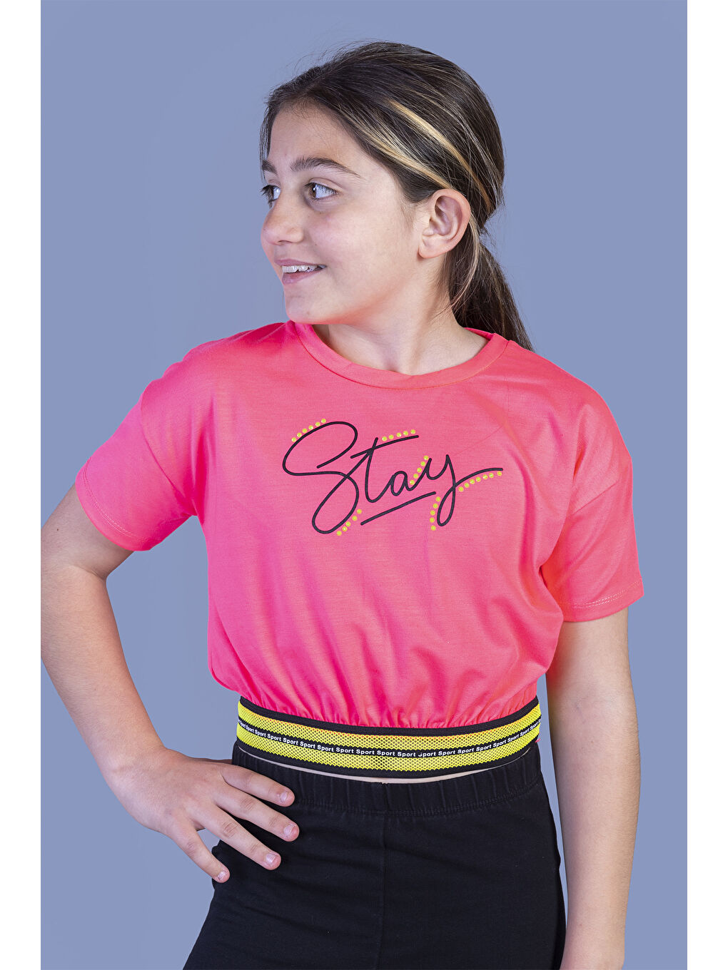 Fuşya Kız Çocuk Şerit Detaylı Baskılı Tişört