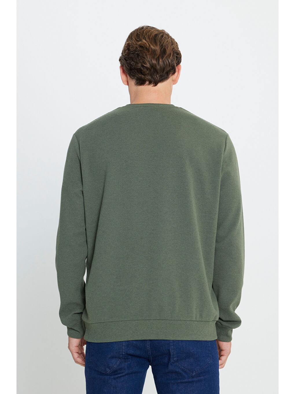 Erkek Haki 2 İplik Sıcak Tutan Standart Fit Normal Kesim Bisiklet Yaka Dokulu Sweatshirt-4