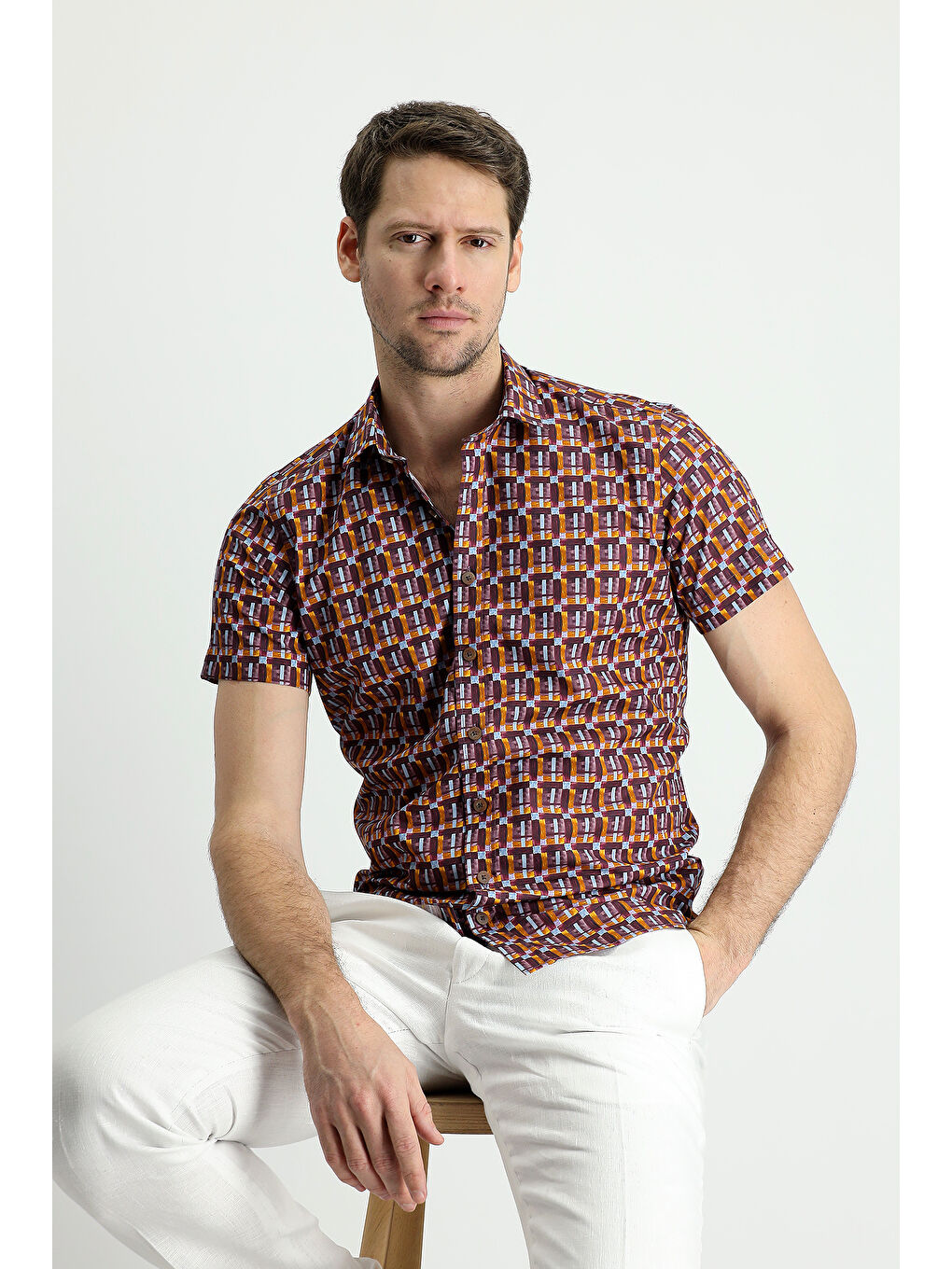 Bordo Kısa Kol Slim Fit Dar Kesim Baskılı Pamuk Gömlek