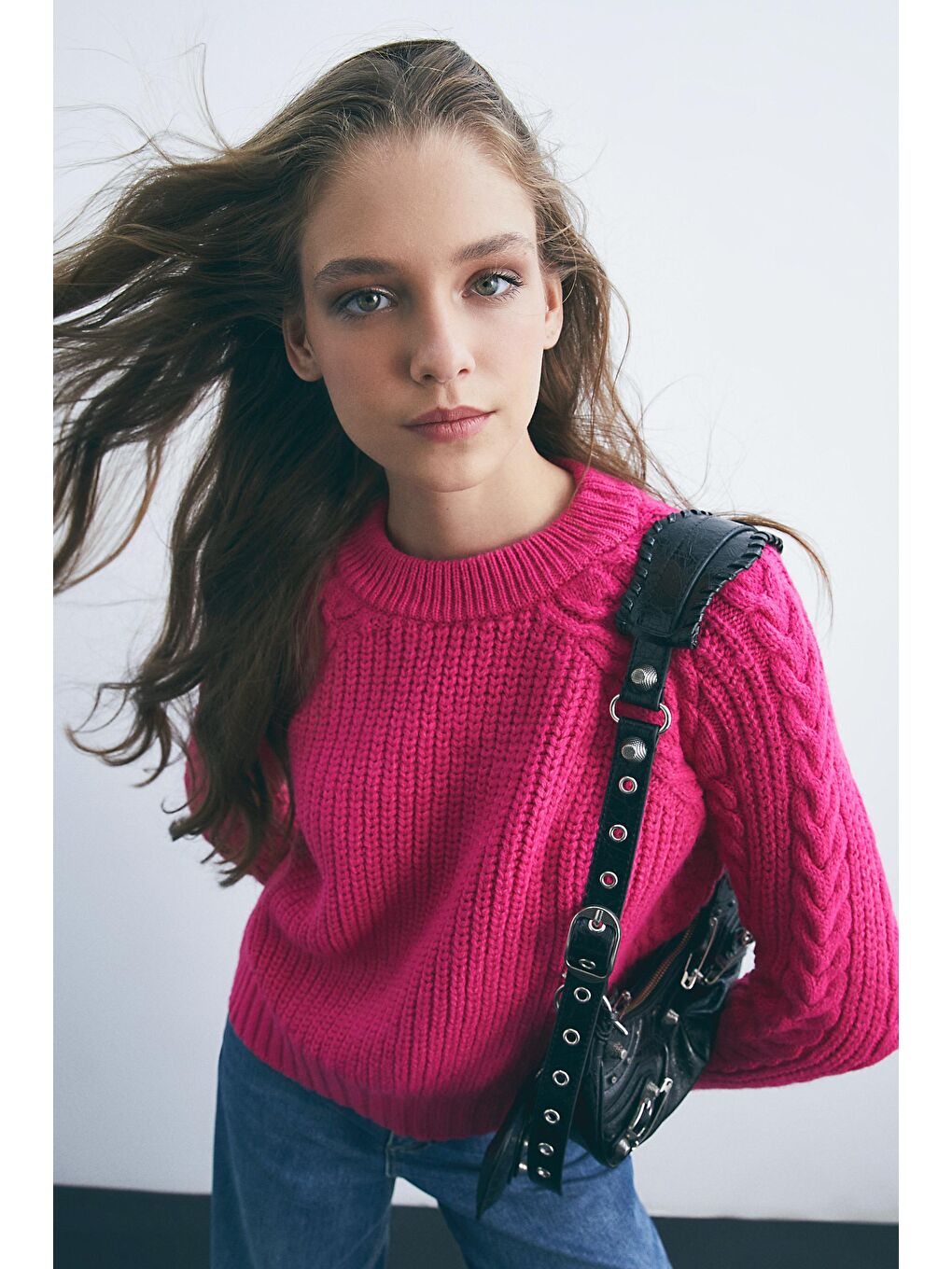 Fuşya Bisiklet Yaka Saç Örgülü Yumuşak Tuşeli Kazak