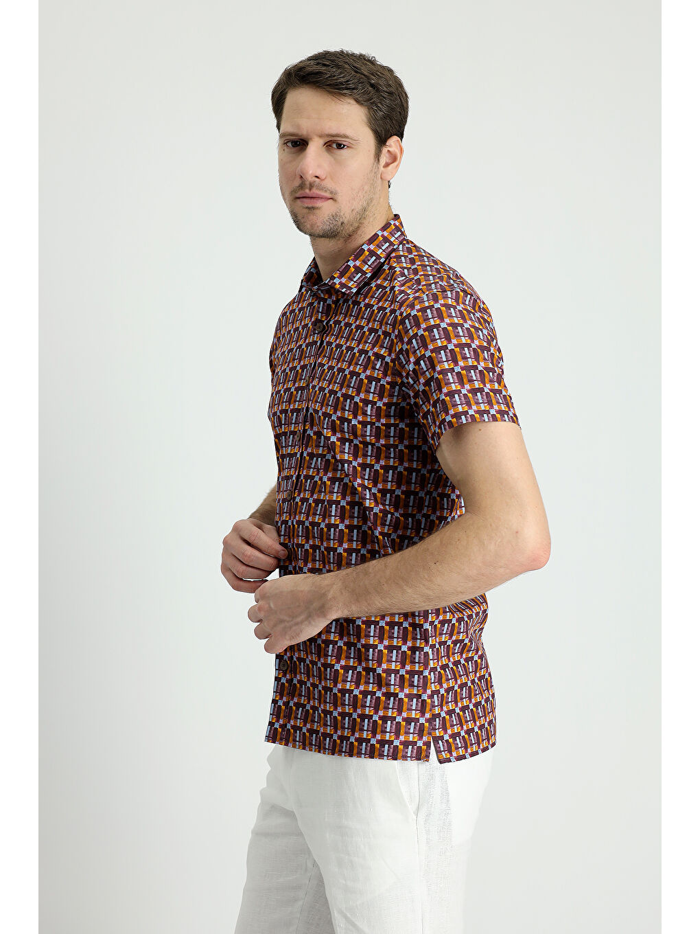 Bordo Kısa Kol Slim Fit Dar Kesim Baskılı Pamuk Gömlek-1