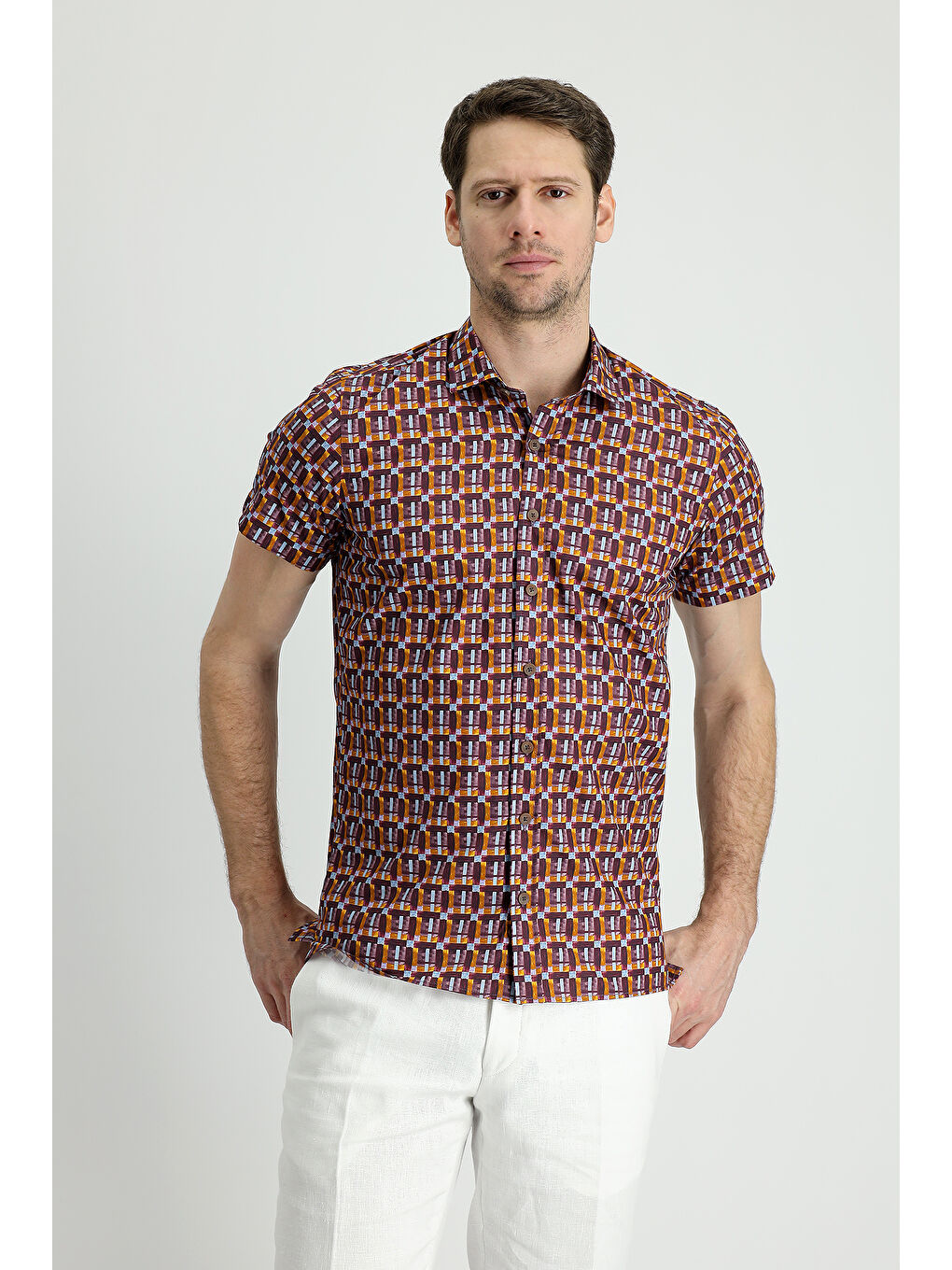 Bordo Kısa Kol Slim Fit Dar Kesim Baskılı Pamuk Gömlek-2