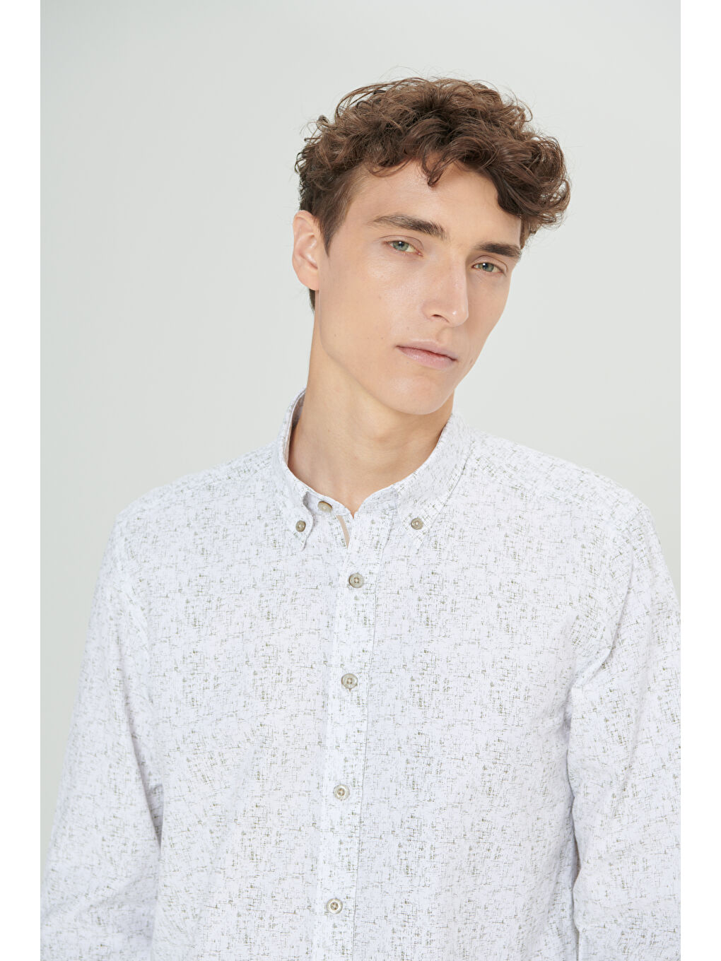 Erkek Beyaz-Haki Slim Fit Dar Kesim Klasik Yaka Pamuklu Armürlü Gömlek-3