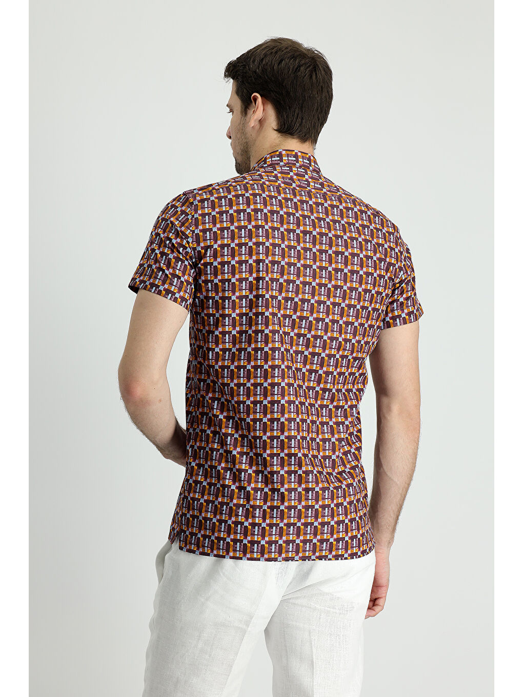 Bordo Kısa Kol Slim Fit Dar Kesim Baskılı Pamuk Gömlek-3