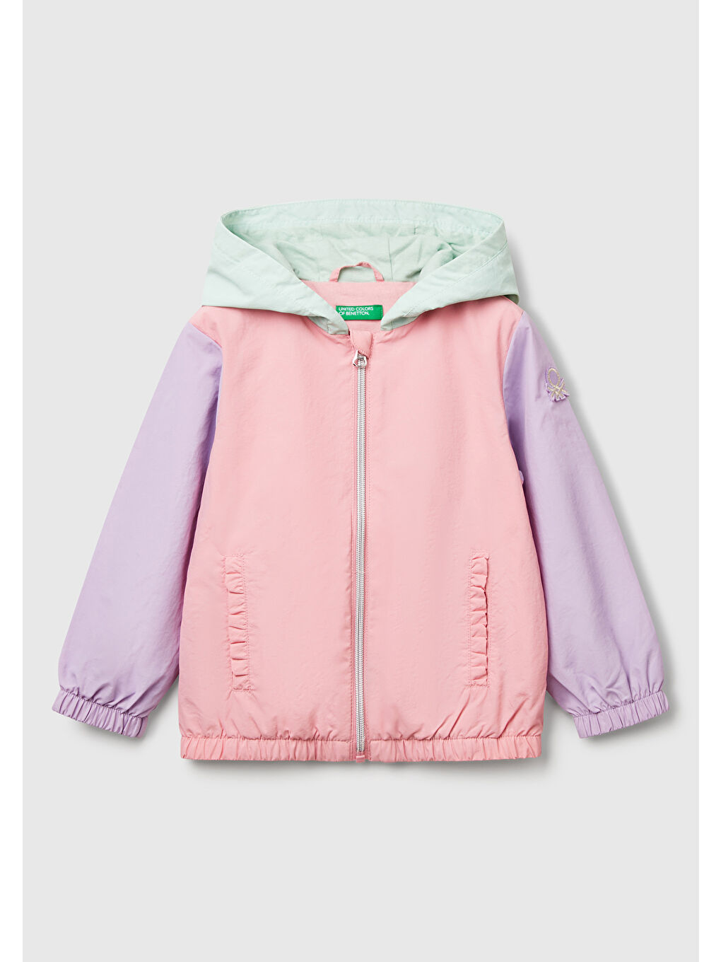 Kız Çocuk Pembe Mix Kolu Logo Detaylı Astarlı Kapüşonlu Yağmurluk