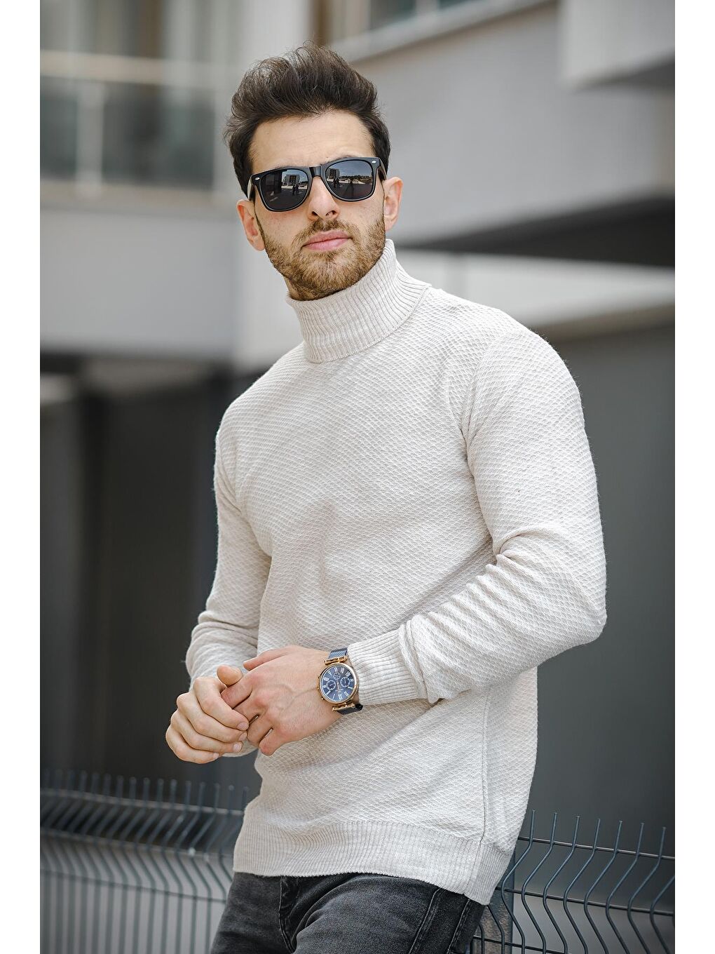 Ekru Seka 500 Slim Fit Petek Örgü Erkek Tam Balıkçı Kazak