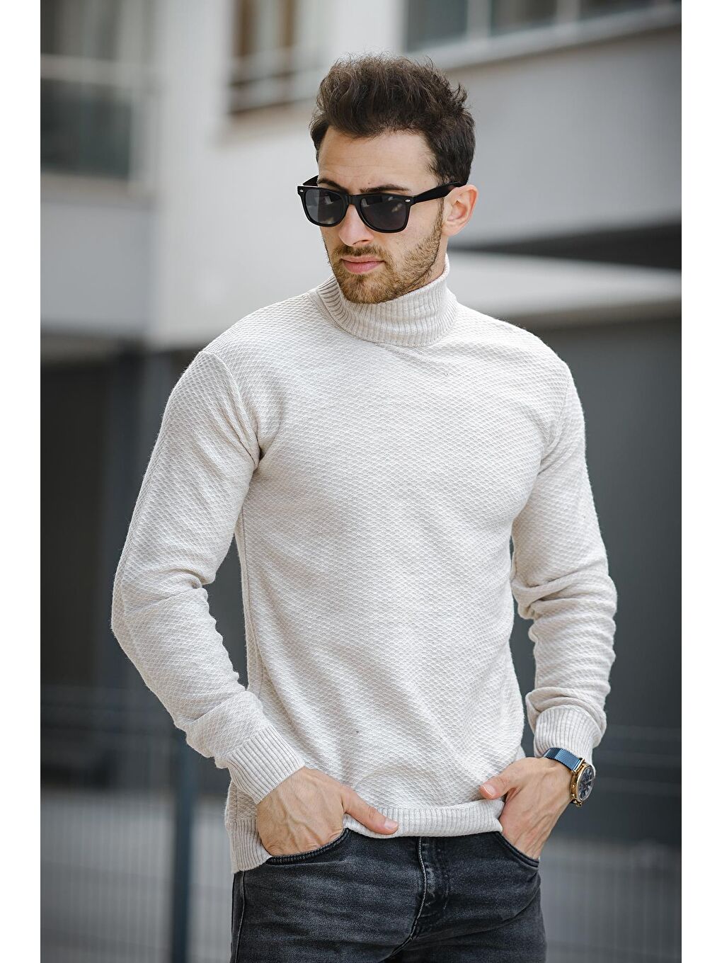 Ekru Seka 500 Slim Fit Petek Örgü Erkek Tam Balıkçı Kazak-1