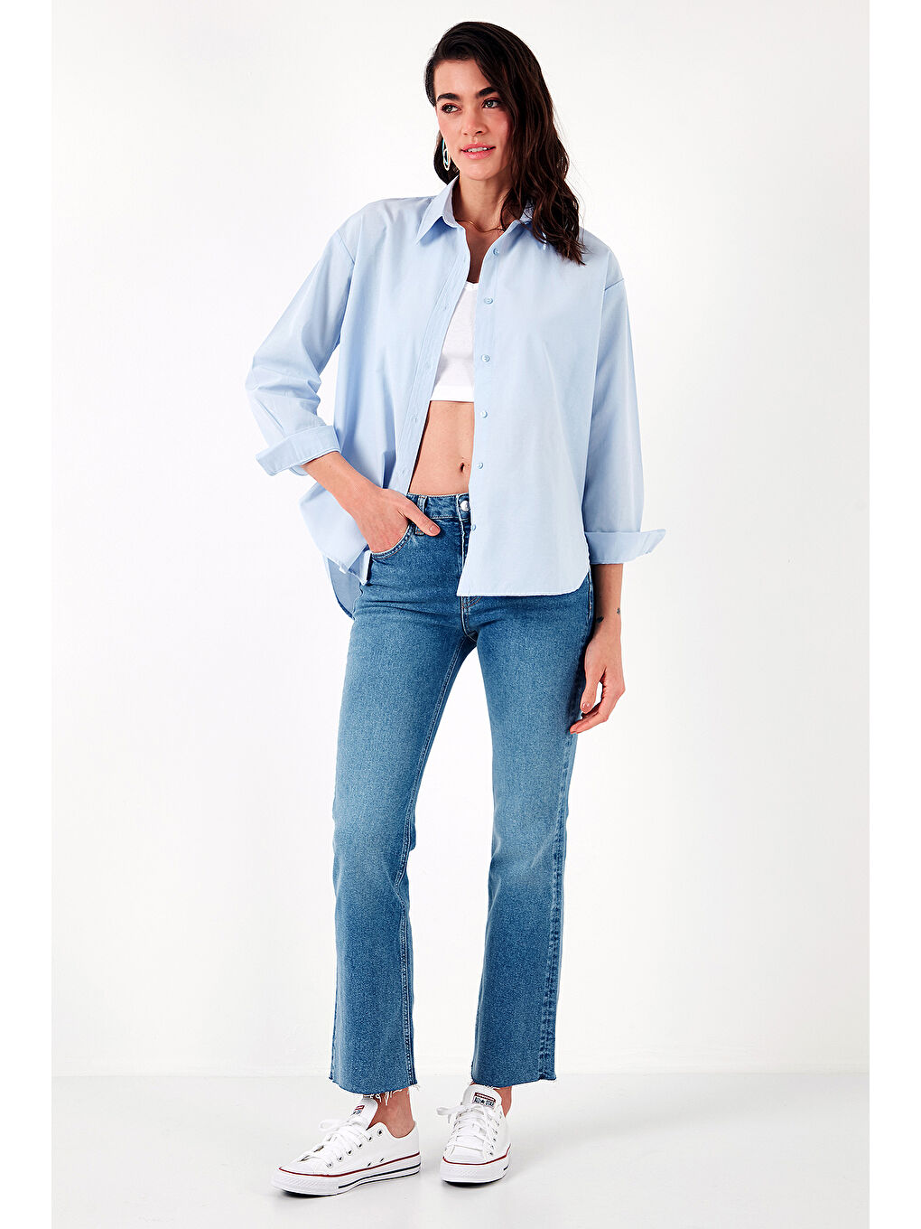 Mavi Pamuklu Regular Fit Önü Kısa Arkası Uzun Oval Kesim Gömlek Cf25S163867-2