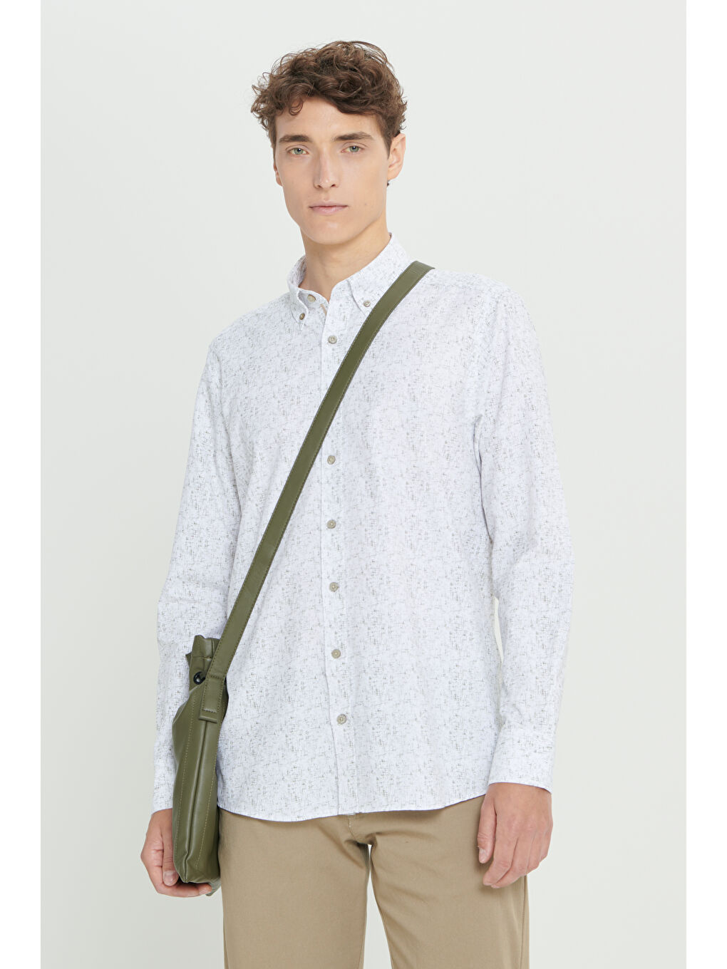 Erkek Beyaz-Haki Slim Fit Dar Kesim Klasik Yaka Pamuklu Armürlü Gömlek-4