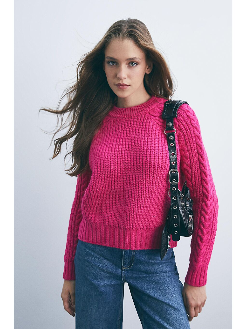 Fuşya Bisiklet Yaka Saç Örgülü Yumuşak Tuşeli Kazak-1