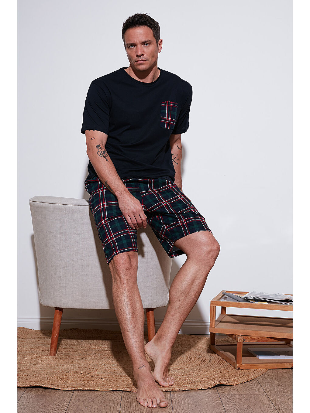 Lacivert Kareli Regular Fit Pamuklu Bisiklet Yaka Kısa Kollu Şortlu Pijama Takımı 6572020