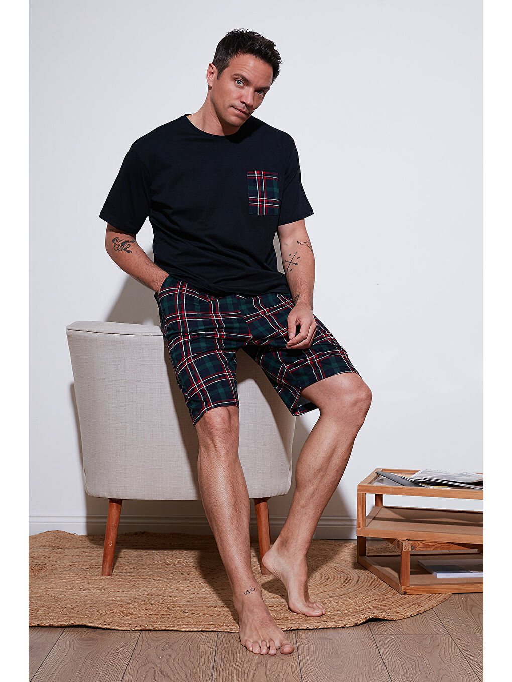 Lacivert Kareli Regular Fit Pamuklu Bisiklet Yaka Kısa Kollu Şortlu Pijama Takımı 6572020-1