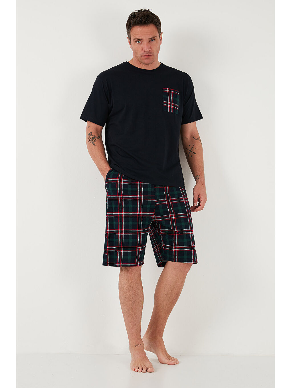 Lacivert Kareli Regular Fit Pamuklu Bisiklet Yaka Kısa Kollu Şortlu Pijama Takımı 6572020-2